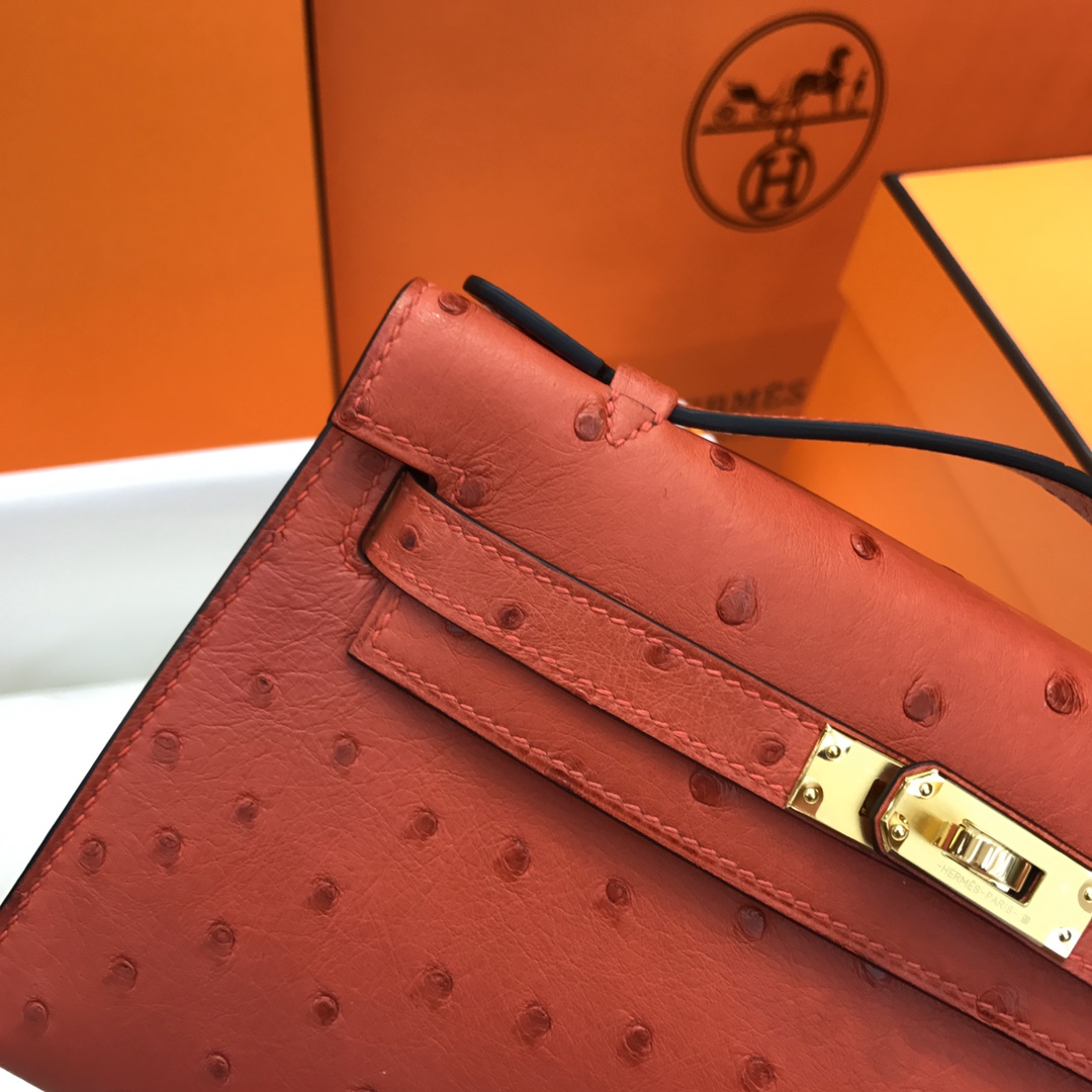 Hermes Mini Kelly Pochette 22cm Bag In Rogue Red Ostrich Leather